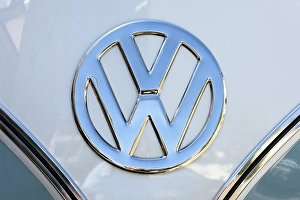 Chrome VW logo on the front of a Volkswagen Type 2 Transporter