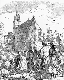 Church going on a Sunday, woodcut, c. 1900