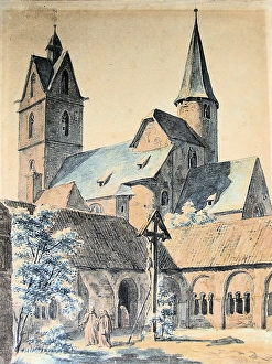 Church, St. Peter and Andrew, Paderborn, faith, provost church, Roman Catholic, parish, early Gothic, old, building, drawing, illustration, drawn, watercolour, historical, sacral building, representation, building, church building