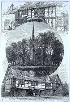 The church in Stratford and Shakespear's house as they were during his lifetime (top image)
