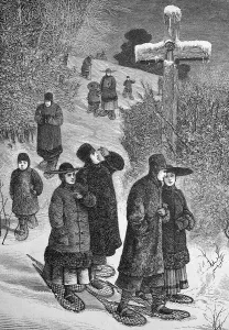 Church walk with snowshoes in winter