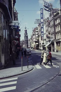 Cineac Restaurant Club, Reguliersbreestraat, Amsterdam, Netherlands, with a view of the Minttoren Munt Tower 1960s