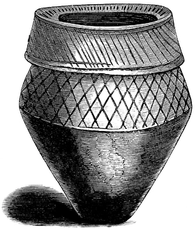 Cinerary urn from the Barrows of Derbyshire, burial site, grave with urn, decorations, archaeology, history of prehistoric mankind, England, historical illustration 1880