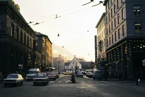 City centre with Christmas lights, Bergen, Norway, 1970, Europe