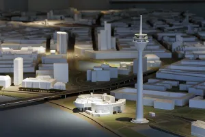City model of Duesseldorf, parliament building and the Rhine Tower