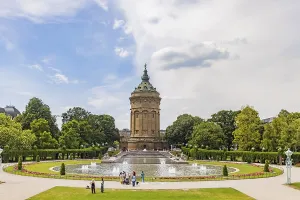 City view, historic water tower with fountain