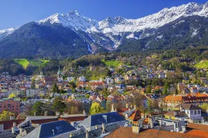 City view with the Hungerburg district in front of the Nordkette from the Karwendel Mountains