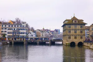 Cityscape and House on River Limmat in City of Zurich