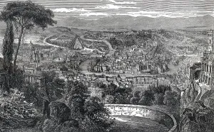 Cityscape of Rome, Italy, historical engraving