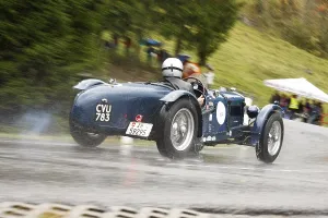 Classic car in the rain, Riley TT Sprite