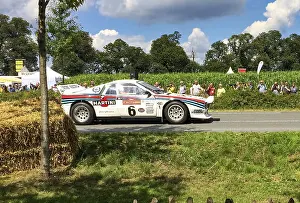 Classic historic racing car Lancia Rally 037 Martini Racing for rally group B at show race for classic cars
