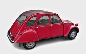 Classic red Citroen 2CV car parked on a seamless white background