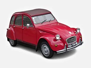Classic red Citroen 2CV car parked on a white background<br> Classic red Citron 2CV car parked on a white background