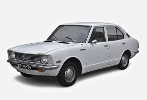 Classic white Toyota Corolla parked on a white background