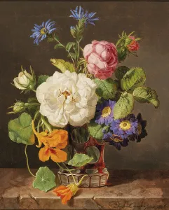 Classical still life of a colourful bouquet of flowers with white and red roses