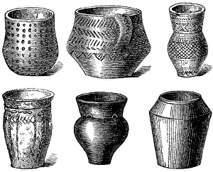 Clay vessels used as grave goods in the English barrows, clay pots in various shapes with ornaments, history of prehistoric mankind, Emgland, historical illustration 1880