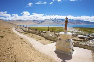 Clear blue sky view from the hill viewpoint behind Korzok village of Tso Moriri lake