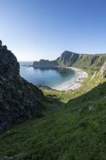 Cliffs, beach and sea, hike to the mountain Matinden