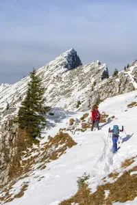 Climbers in the snow, hiking trail in winter