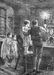 Clock from Pilsen, father showing his children the clock by candlelight