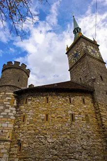 Category Cities DE Prints: Clock Tower and Fortification Tower and Wall with Blue Sky and Clouds in a Sunny Autumn Day in City of Biel