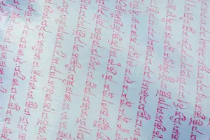 Close up of buddhist prayers on the white praying flag