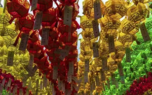 Close up of many colorful and beautiful paper lanterns