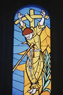 Close up of stained glass, Sion Church in Mumbai