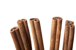 Close-up of dried cinnamon sticks on white paper