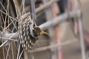 Close-up of a dusty bicycle sprocket and blurred background