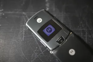 Close-up of a Motorola flip phone with its external display