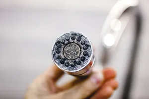 Close-up of a shower head held in a hand