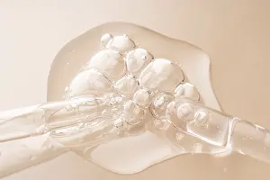 Close-up of transparent serum drops on a beige surface