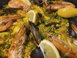 Close-up view, seafood paella, with rice