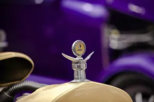 A close-up of a vintage car hood ornament with a distinct design