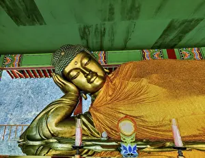 Closeup of upper body of thirteen meter long reclining Buddha at Manbulsa Temple in Yeongcheon