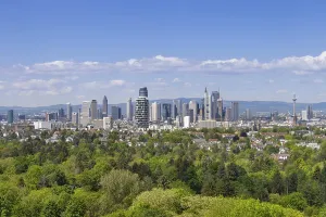 Clouds drift over the Frankfurt banking skyline from the Goetheturm