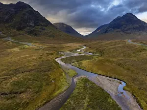 Cloudy mood, river, moor, aerial view