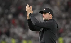 Coach Sebastian HoeneB VfB Stuttgart gesture thanks Stuttgart fans for support
