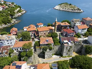 Coastal town with historic tower