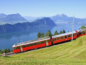 Cogwheel railway up the Rigi, behind Lake Lucerne with Buergenstock