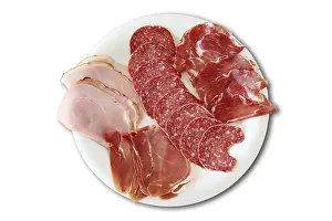 Cold cuts, ham and salami, white plate, Germany