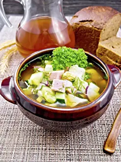 Cold soup okroshka from sausage