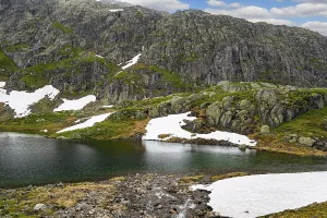 Cold summer in Norway. Traveling by camper on road 520