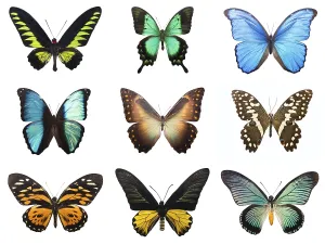 Collection of beautiful tropical butterflies isolated on white background