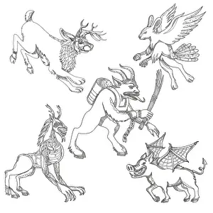 A collection of doodle art illustrations that includes the following mythical creatures from legend folklore
