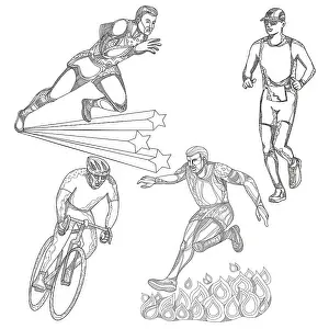 A collection of doodle art illustrations that includes the following sports