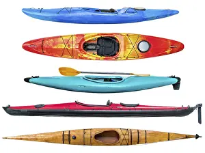 A collection of sea and whitewater kayaks isolated on white