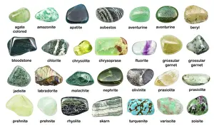 Collection of various green gemstones with names (chlorite)