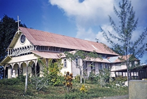 Colonial style wooden Our Lady of Montserrat Roman Catholic Church with red corrugated iron roof, Tortuga, Trinidad, photographed in 1963 built 1878